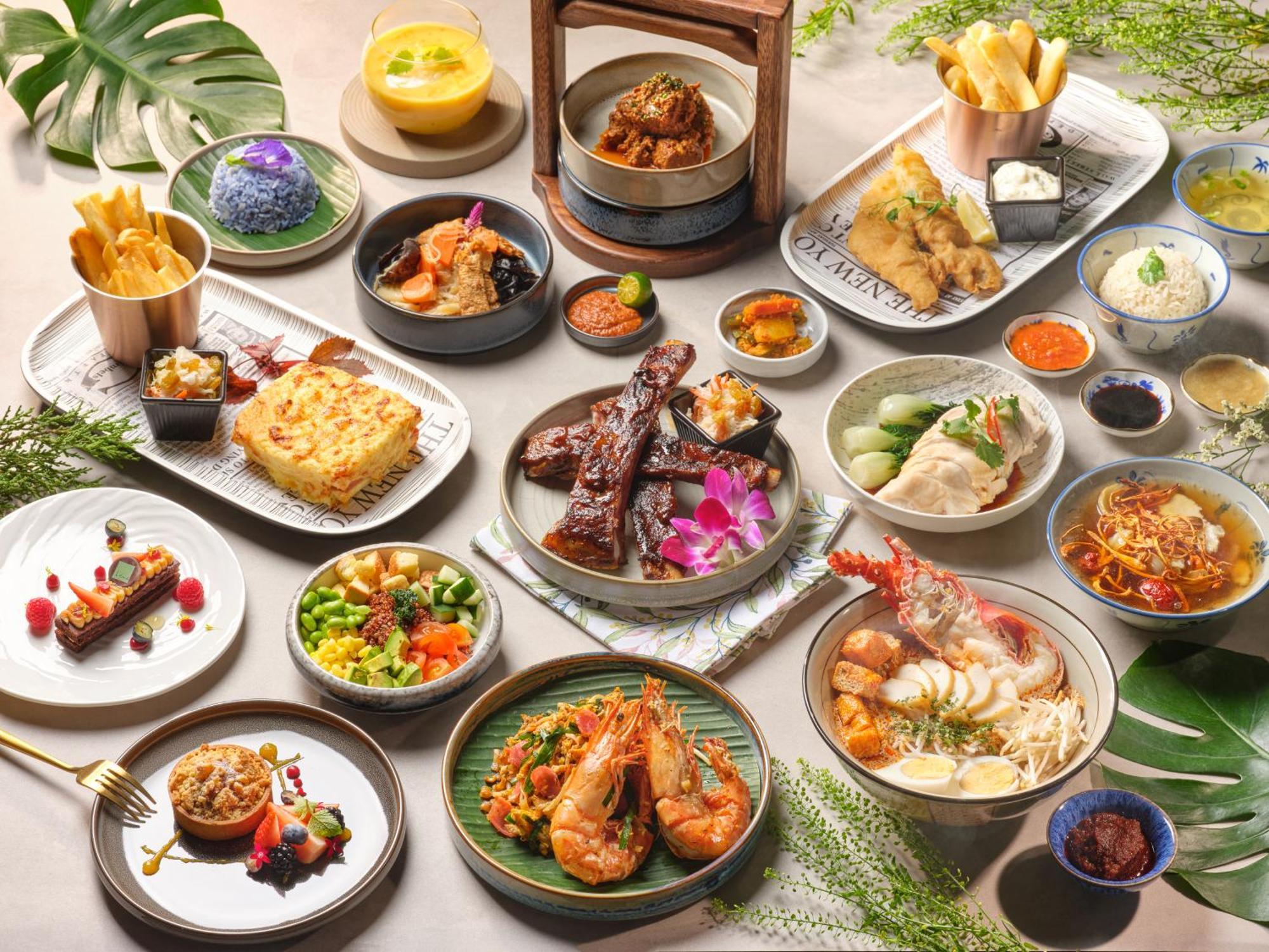 Parkroyal Collection Pickering, Сингапур Екстериор снимка The photo displays a vibrant spread of various dishes, showcasing an array of cuisine. There are several plates featuring different types of food, including:

1. **Seafood**: Prominent shrimp and possibly fish dishes.
2. **Meat**: Grilled or roasted 